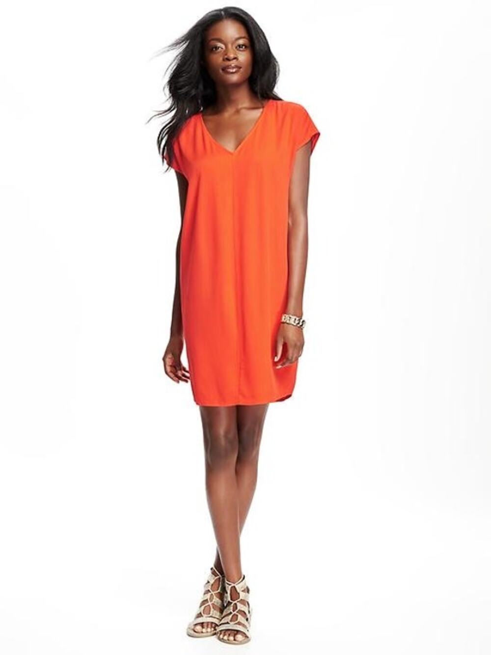 Old Navy Women’s Sz M Cocoon Dress Bright Orange V Neck Mini Dress